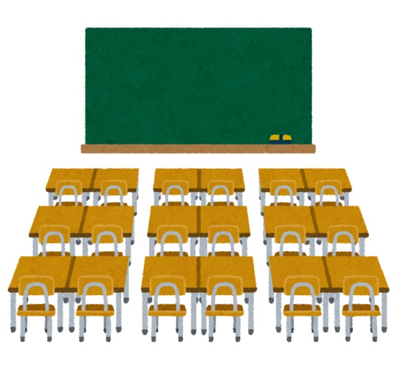 A picture of desks and chairs lined up toward the blackboard